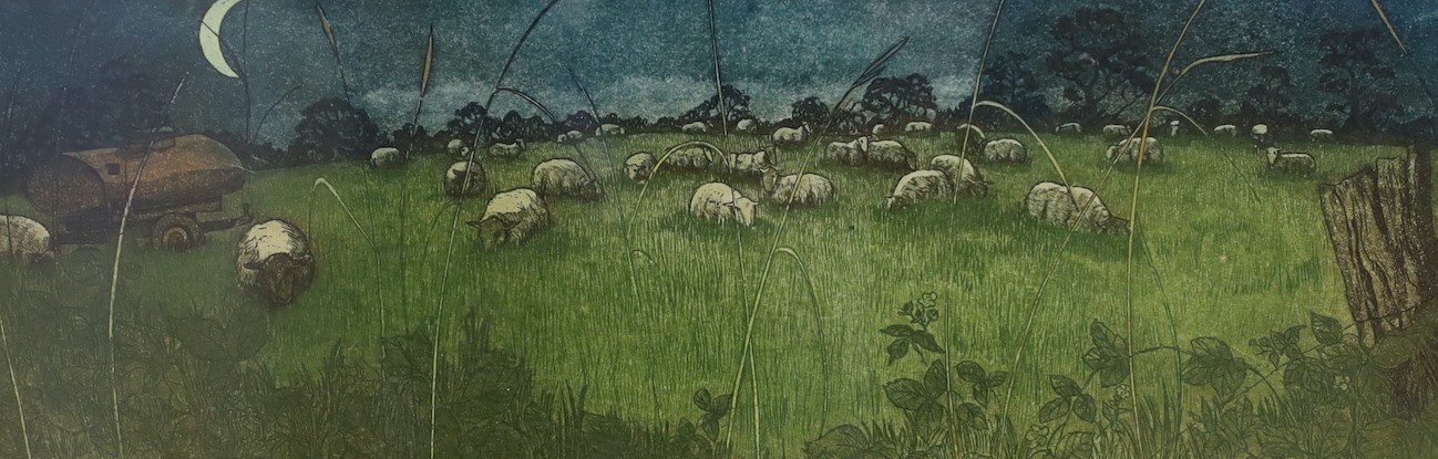 Monica Fenton, etching with aquatint, House beside the sea, 42 x 30cm, and a Richard Wade, print, Sheep by moonlight, 9 x 28cm